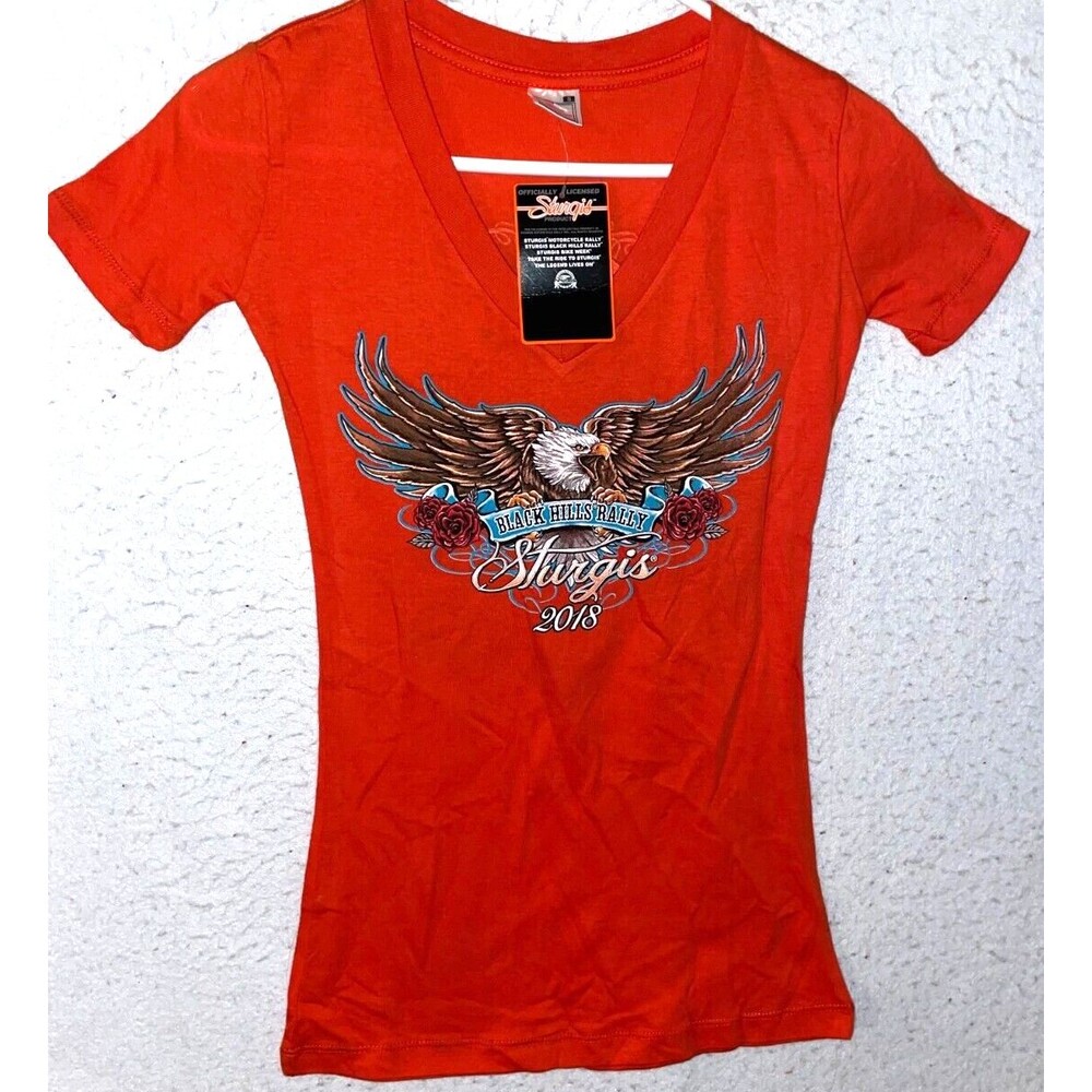 Sturgis Motorcycle Black Hills Rally 2018 T-Shirt Women’s sz S Eagle V-neck